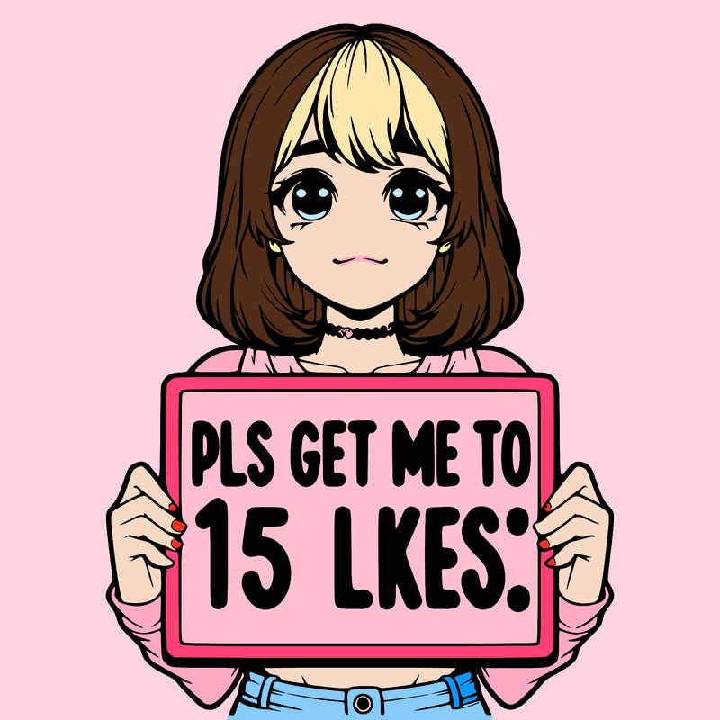 realistic girl holding up a sign that says “pls get me to 15 likes!”