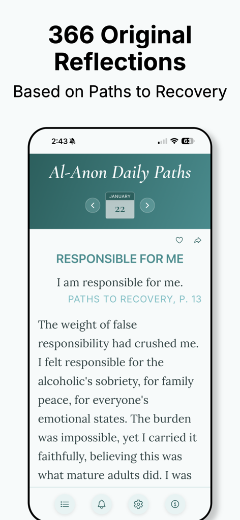 Al-Anon Daily Paths - Al-Anon Daily Paths app showing one of its 366 original reflections for daily recovery