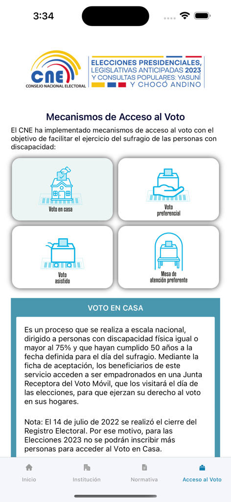 CNE app screen showing voting access mechanisms for people with disabilities for Ecuadorian elections
