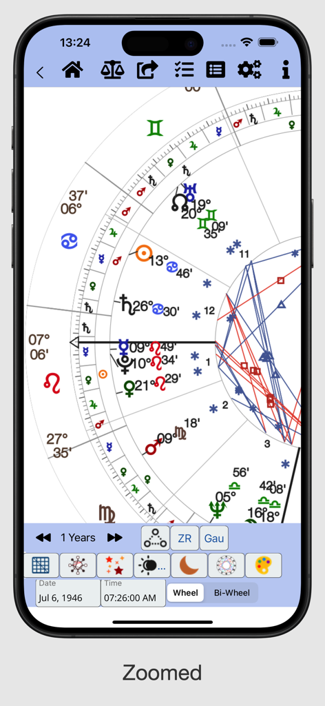 AstroConnexions for iPhone - A zoomed view of a professional astrological natal chart on the AstroConnexions iPhone app.