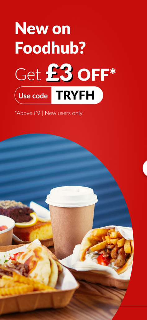 Foodhub app promotion offering a three pound discount for new users with the code TRYFH