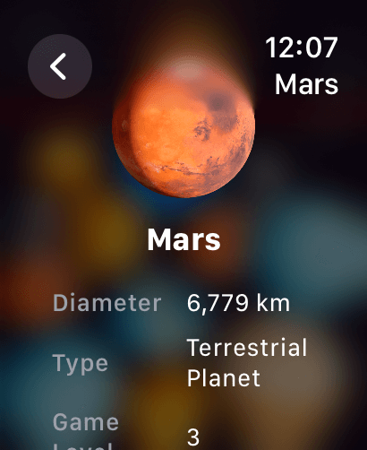 Merge Sun Master for watch - Planet Encyclopedia screen showing facts about Mars in the Merge Sun Master Apple Watch app.