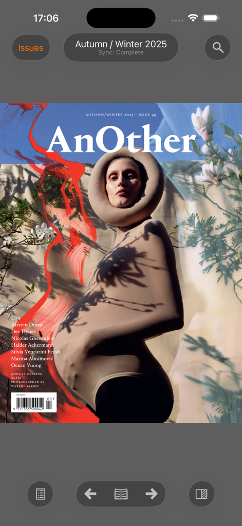 AnOther Magazine - AnOther Magazine mobile app interface showing the Autumn Winter 2025 issue cover with avant garde fashion photography.