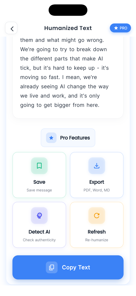 AI Humaniser: Text Bypass - Interface of the AI Humaniser app showing humanized text with options to save, export, and detect AI.