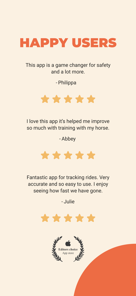 User testimonials and five star ratings for Equilab horse riding tracker app
