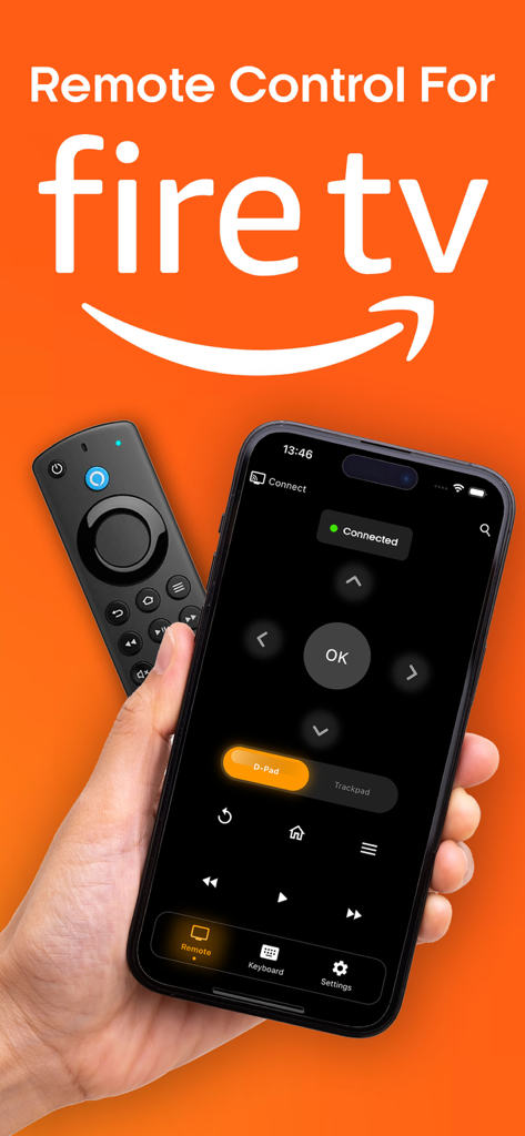 Fire TV Remote - Fire Stick - Smartphone mostrando a interface do aplicativo Fire TV remote ao lado de um controle físico.