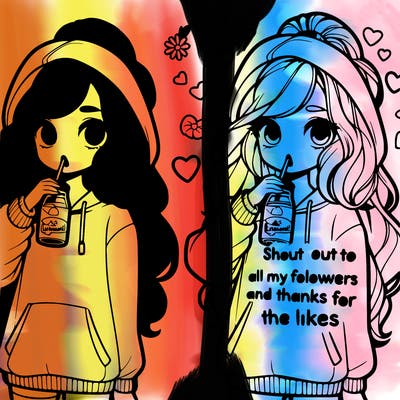 cute girl wearing a oversized hoodie drinking lemonade, long wavy high ponytail looking at a sign that says 'shout out to all my followers and thanks for the likes'