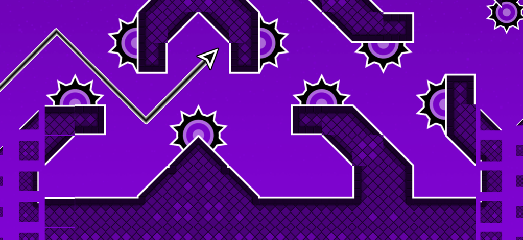 Una flecha blanca navegando a través de un nivel geométrico de neón púrpura con obstáculos de cuchillas en Space Waves.