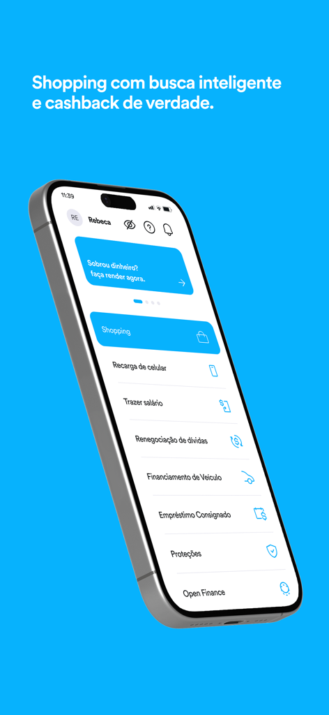 Banco PAN digital banking app interface displaying shopping and financial service options