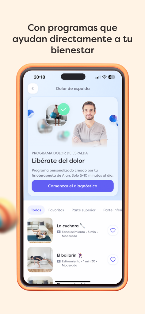 Alan España Seguro de Salud - 운동 비디오 및 진단 버튼이 있는 요통 완화 프로그램을 보여주는 Alan의 모바일 앱 인터페이스