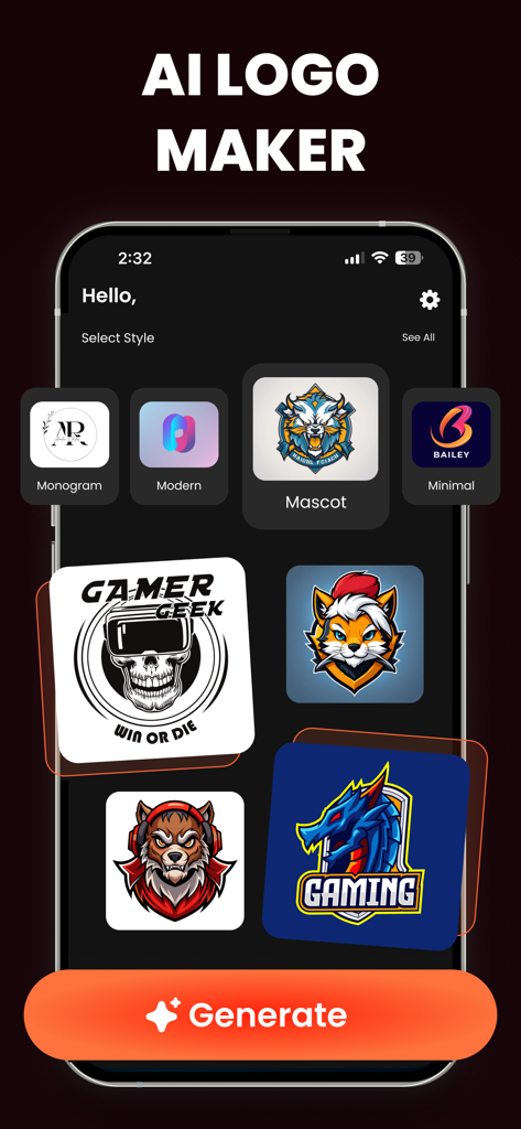 AI Logo Maker • Logo Generator - AIロゴメーカーアプリのインターフェース。マスコットやゲーミングロゴデザインのオプションを表示しています。