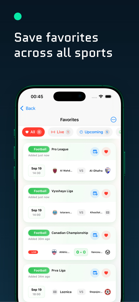 The Darato - Live Sport Scores - iPhone screen of The Darato app displaying a list of favorite sports matches with live and upcoming status filters