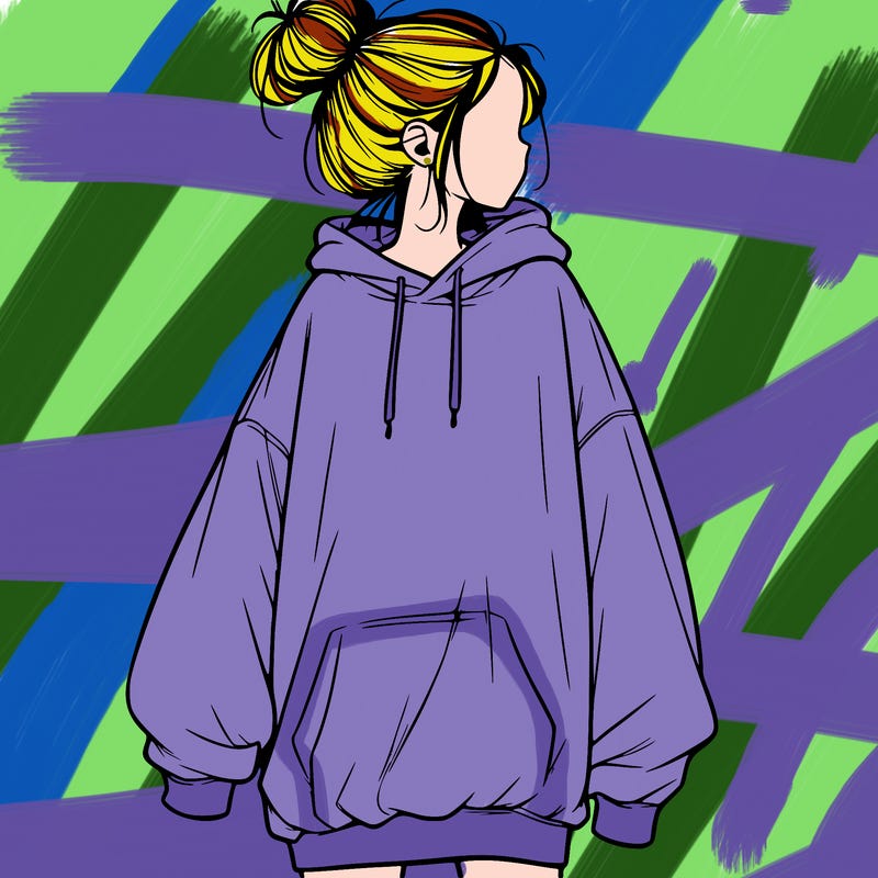 realistic girl with a oversized sweatshirt on and a bun