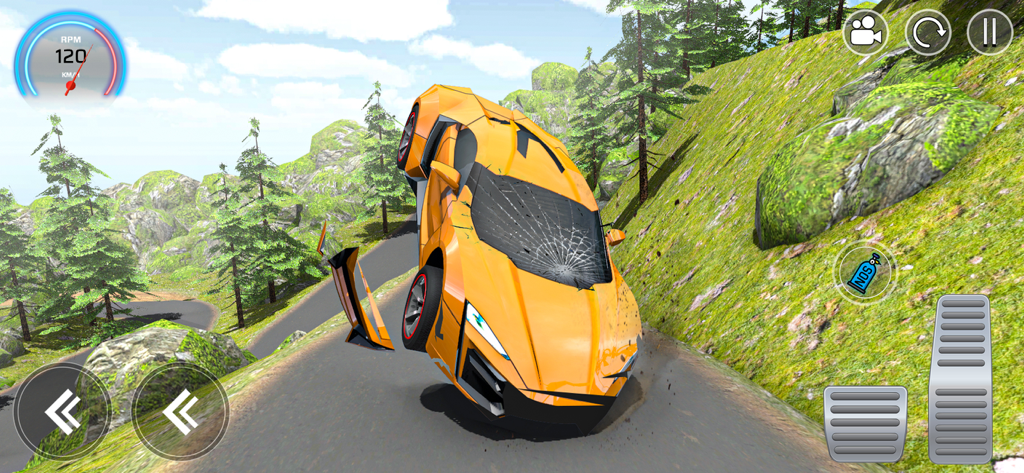 Mega Crashes - Car Crash Games - An orange sports car rolling and crashing on a mountain road with realistic damage in a simulator game.
