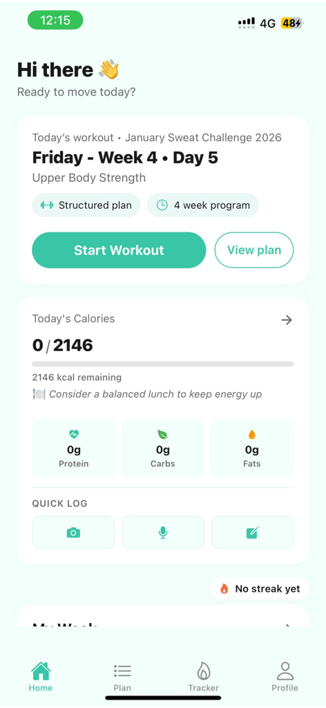 SweatFit - SweatFit app home screen showing a daily upper body workout plan and calorie tracking dashboard