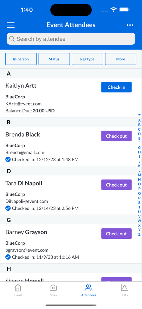 OnArrival - OnArrival app interface showing a list of event attendees with options to check in or check out
