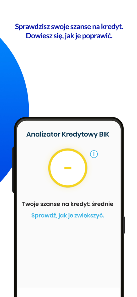 Mój BIK - bezpieczne finanse - A smartphone display showing the Moj BIK credit analyzer tool with an average credit chance rating.