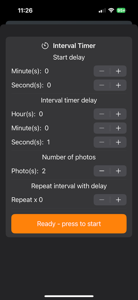 sMote - for Sony cameras - Interval timer interface in the sMote app for Sony cameras