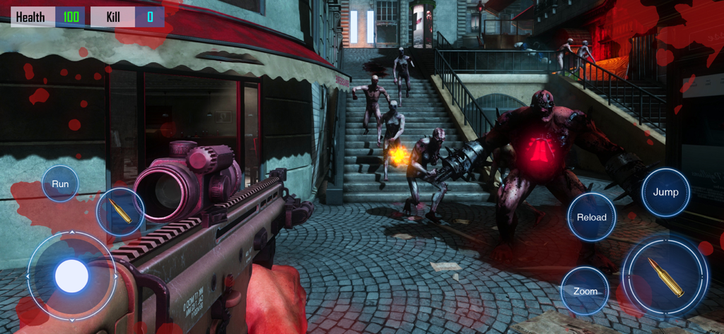 First person perspective of a zombie shooter game featuring an assault rifle and various zombie enemies in a city street