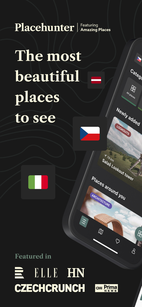 Placehunter: Top places to see - Placehunter mobile app interface showcasing curated travel destinations and press features