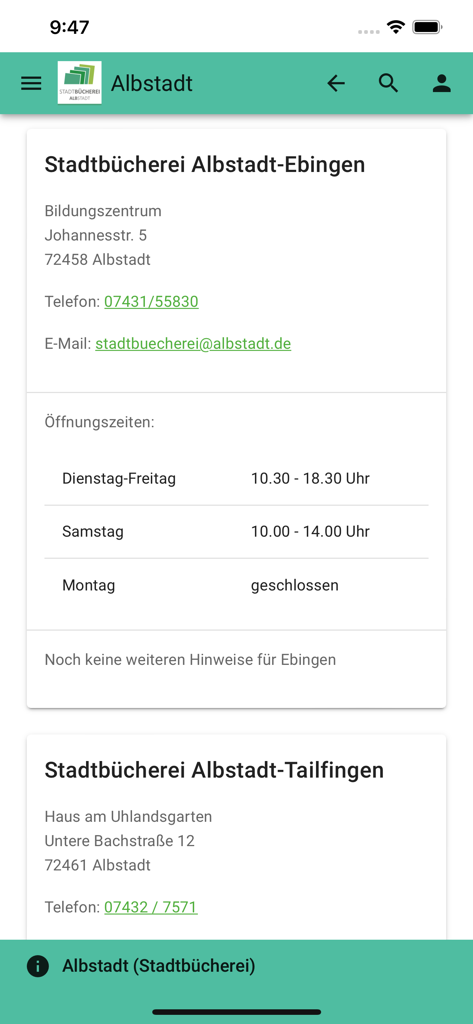 mobilOPAC YourBibアプリインターフェース、アルブシュタット公共図書館支店の連絡先情報と営業時間表示