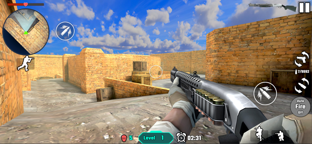 Gun Shoot War：Force Strike - First person shooter gameplay featuring a shotgun in a desert environment