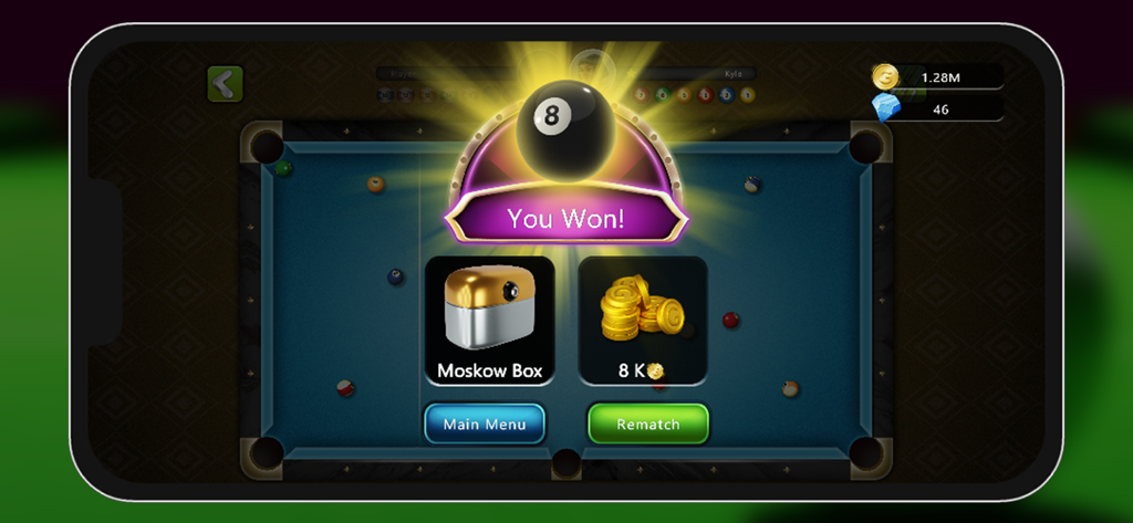 Victory screen in the 8 Ball Billiards Offline mobile game showing a You Won message with rewards and coins on a pool table background