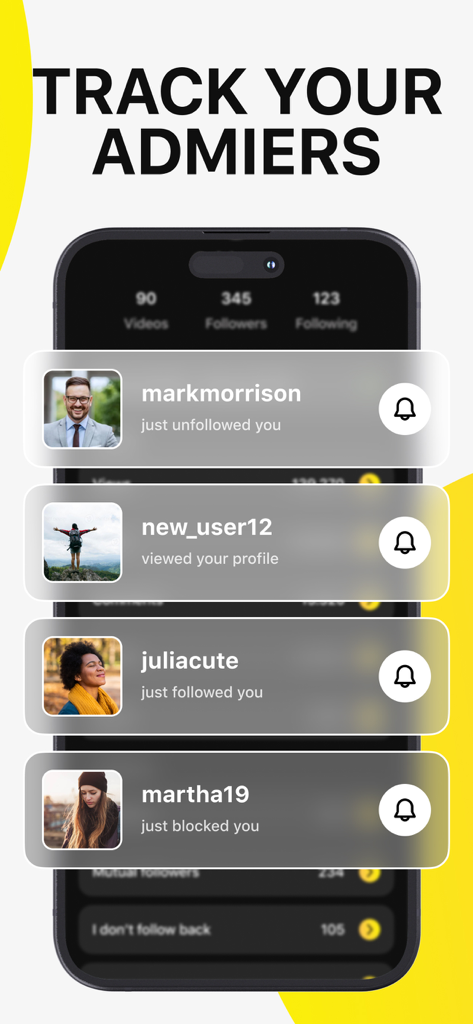 A mobile app interface displaying real-time notifications for profile views, new followers, and unfollows.