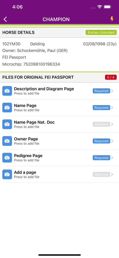 FEI HorseApp - 馬の詳細とパスポートドキュメントをアップロードするためのチェックリストを表示するFEI HorseAppのスクリーンショット