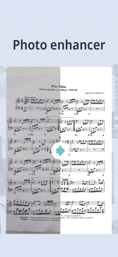 Tuner & Metronome -Soundcorset - Uma comparação antes e depois mostrando o aprimorador de fotos limpando uma partitura para torná-la clara e legível.