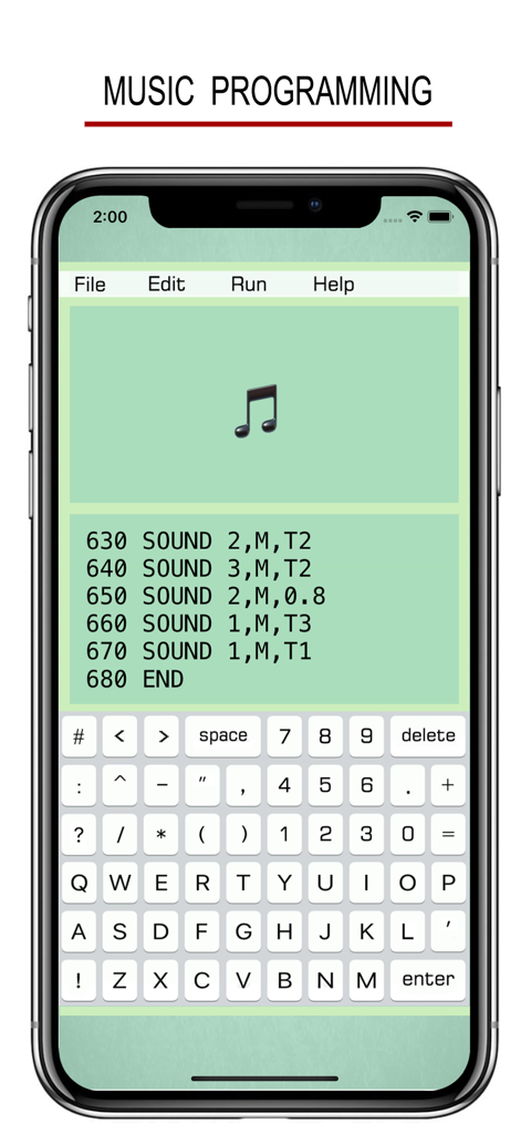 BASIC - Programming Language - サウンドコマンドと音符アイコンを使用してBASIC言語で音楽プログラミングを行っているモバイルアプリのスクリーンショット