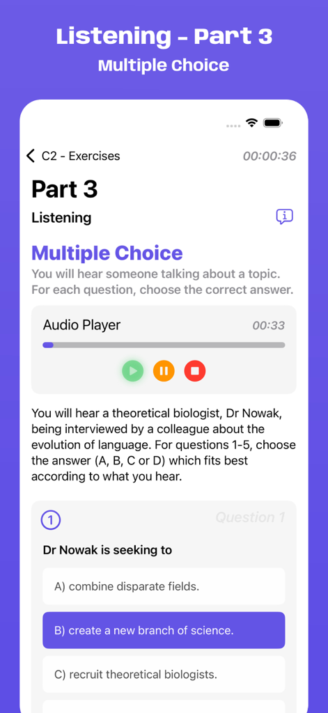 Schermata di pratica di ascolto Cambridge C2 che mostra una domanda a scelta multipla e un lettore audio