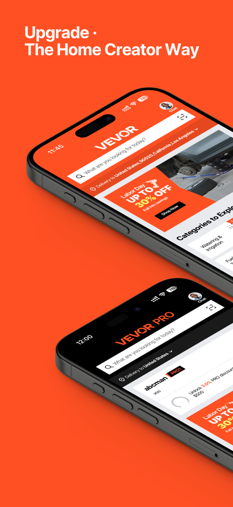 VEVOR Home Improvement Tools - Dois smartphones mostrando a interface do aplicativo de ferramentas para melhorias domésticas VEVOR e a tela de recompensas VEVOR Pro