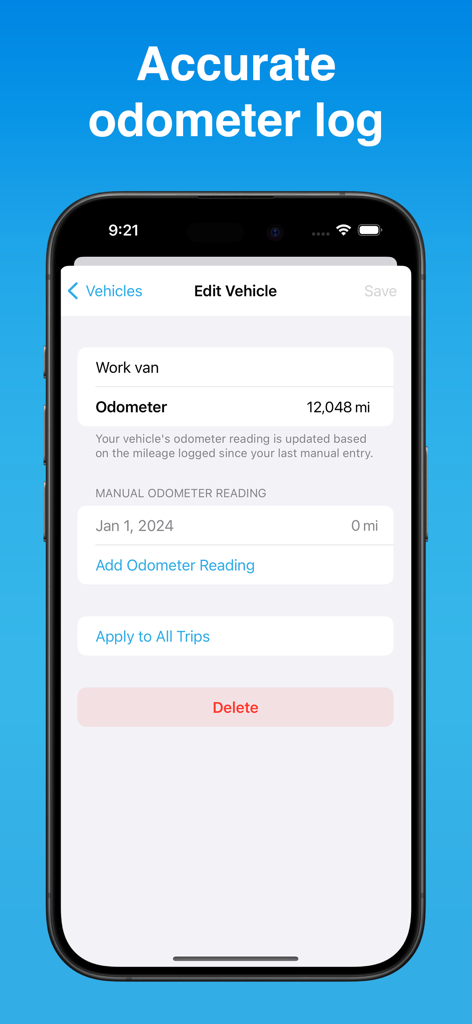Interfaccia di un'app mobile che mostra la schermata di modifica del veicolo con un registro accurato del contachilometri per un furgone da lavoro.