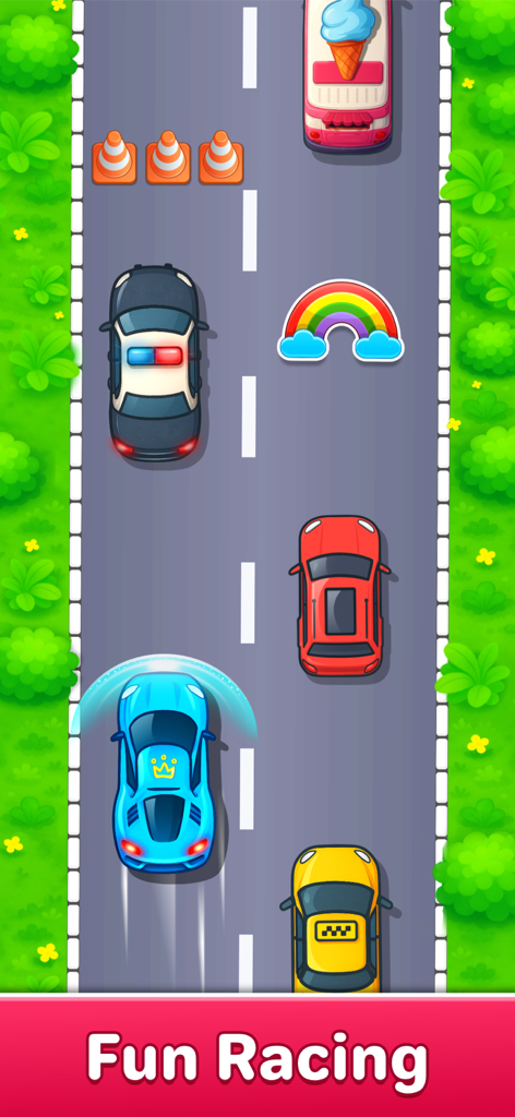 Colorful vertical car racing game for toddlers featuring different vehicles on a road