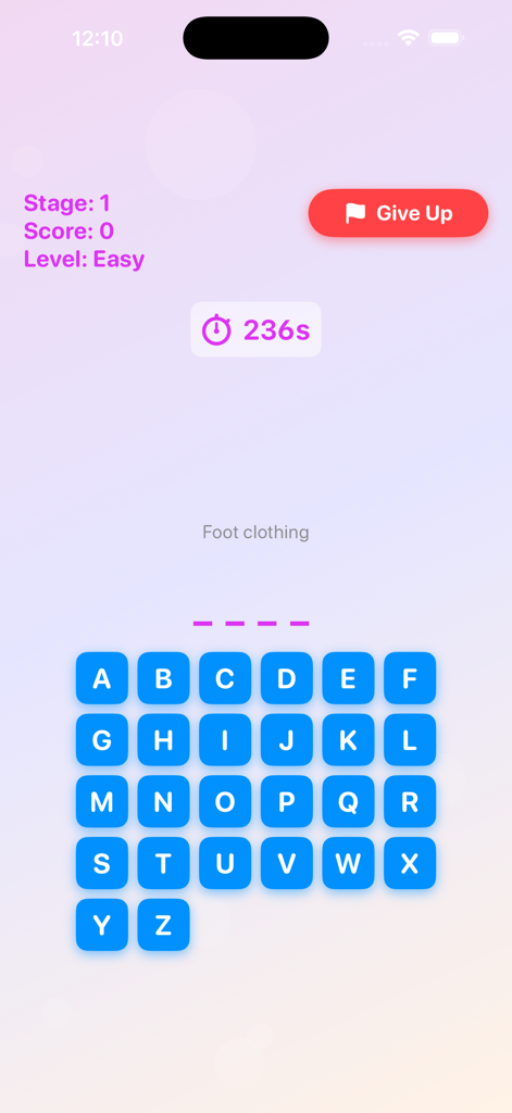 Interface do jogo de adivinhação de palavras no aplicativo QTranslate Translator com uma dica e um teclado de alfabeto