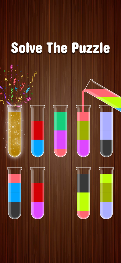 Get Color Mixer Water Sort - Captura de pantalla de la jugabilidad de Get Color Mixer Water Sort que muestra tubos de ensayo con líquidos de colores en capas y una animación de vertido sobre un fondo de madera.