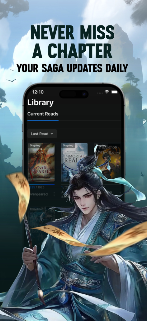Smartphone, das die Wuxiaworld-App-Bibliothek mit täglichen Webroman-Updates und einem Hintergrundbild mit einem Fantasy-Kultivierungscharakter anzeigt.