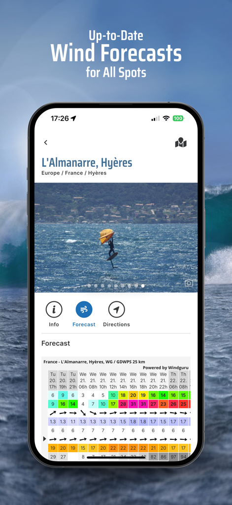 Kite & Windsurfing Guide - Wind forecast screen for L'Almanarre, Hyères in the Kite and Windsurfing Guide app showing wingfoiling photo and Windguru data table.