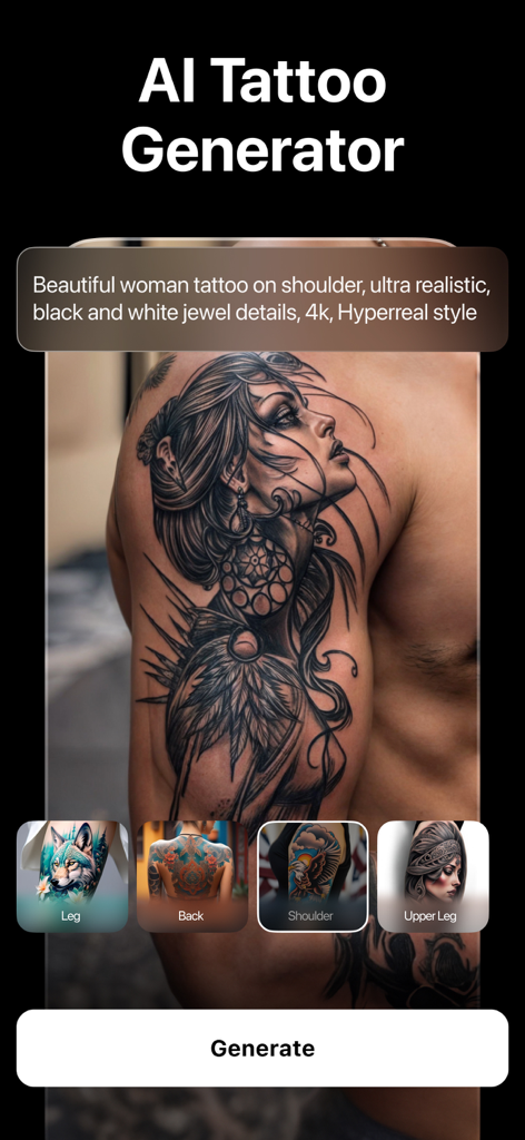 AI Tattoo Generator app interface displaying a realistic black and white tattoo design of a woman on a shoulder with body placement options.