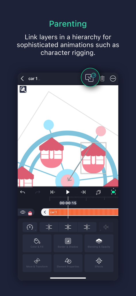 Alight Motion mobile app showing the parenting feature for linking layers and character rigging