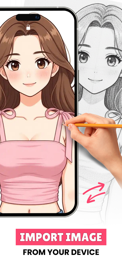 AR Sketch - AR Drawing - Eine Hand, die mit der AR Sketch App auf einem iPhone-Bildschirm einen Anime-Charakter auf Papier nachzeichnet.