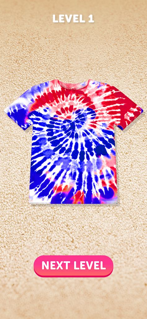 Tie Dye - Una camiseta tie-dye en espiral roja, azul y blanca en la interfaz del juego móvil Tie Dye.
