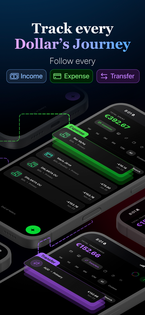 Elegante Dark-Mode-Mobile-Oberfläche der arc App, die Einkommens-, Ausgaben- und Überweisungsverfolgung mit Glas-Morphismus-Design zeigt