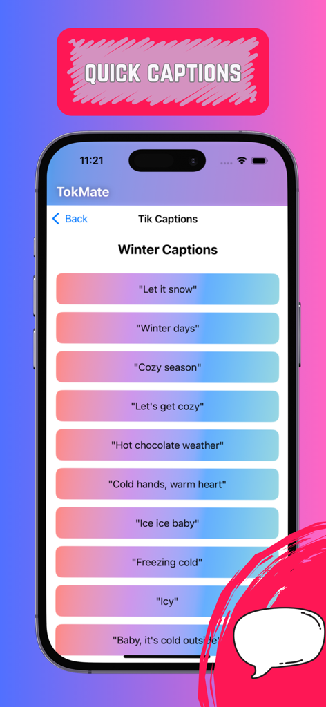 SnapTok: Save Tok Tags, Emoji - A mobile screen showing a list of winter themed social media captions in the SnapTok app interface