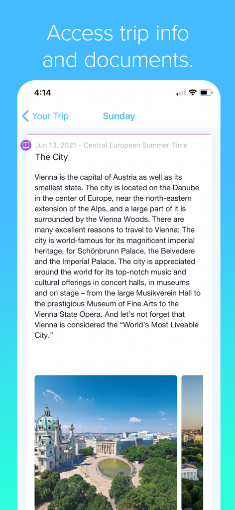 Travefy Pro app screen showing a travel itinerary for Vienna with descriptions and photos