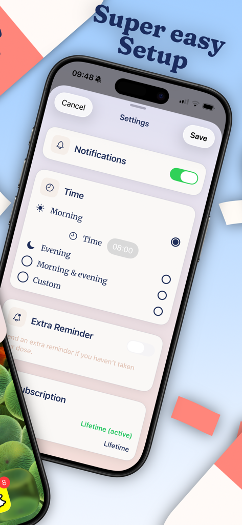 Pilla - Pill Reminder & Meds - Interface de l'application Pilla montrant les paramètres de notification de médicaments et la sélection de l'heure du rappel pour les doses du matin et du soir.