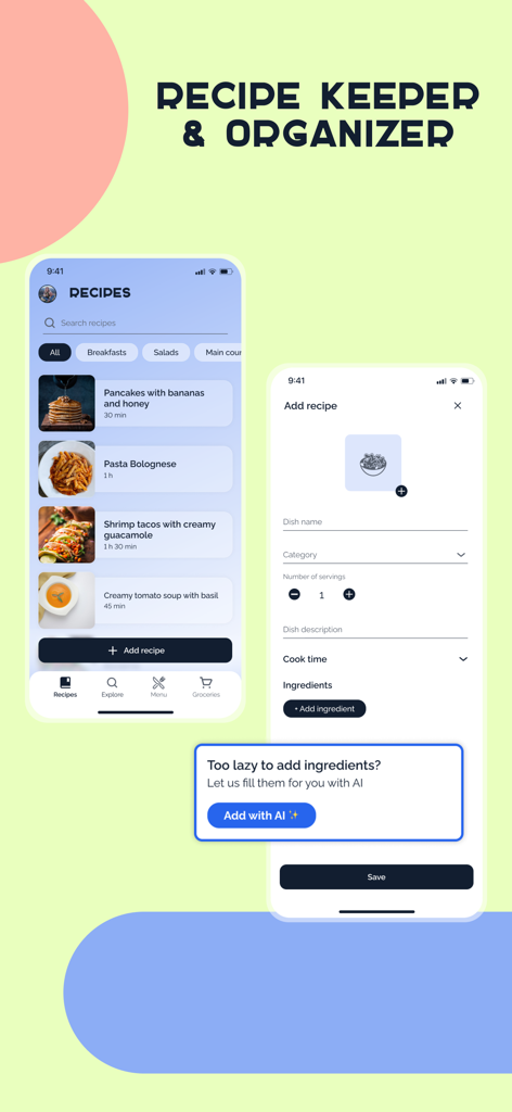 Mobile app screens showing a recipe list and an AI-powered tool to add ingredients for meal planning.