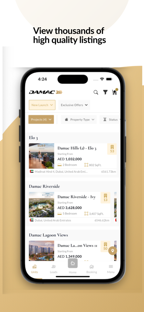 DAMAC 360 - Mobile interface of DAMAC 360 app displaying luxury real estate listings in Dubai.