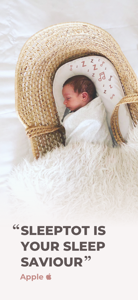 A newborn baby sleeping peacefully in a basket with a testimonial from Apple describing Sleeptot as a sleep saviour